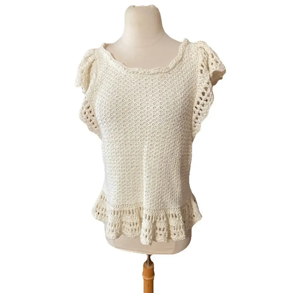 By Anthropologie Crochet Ruffle Top Shirt Sz XLP New Cream Boho Cottage $118‎